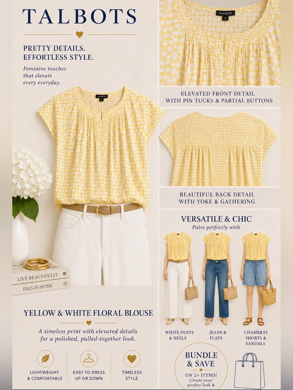 Talbots Yellow and White Floral Pintuck Blouse Size Large